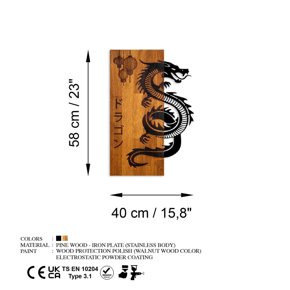 Decoratiune de perete lemn Dragon, Nuc, 40x58x3 cm