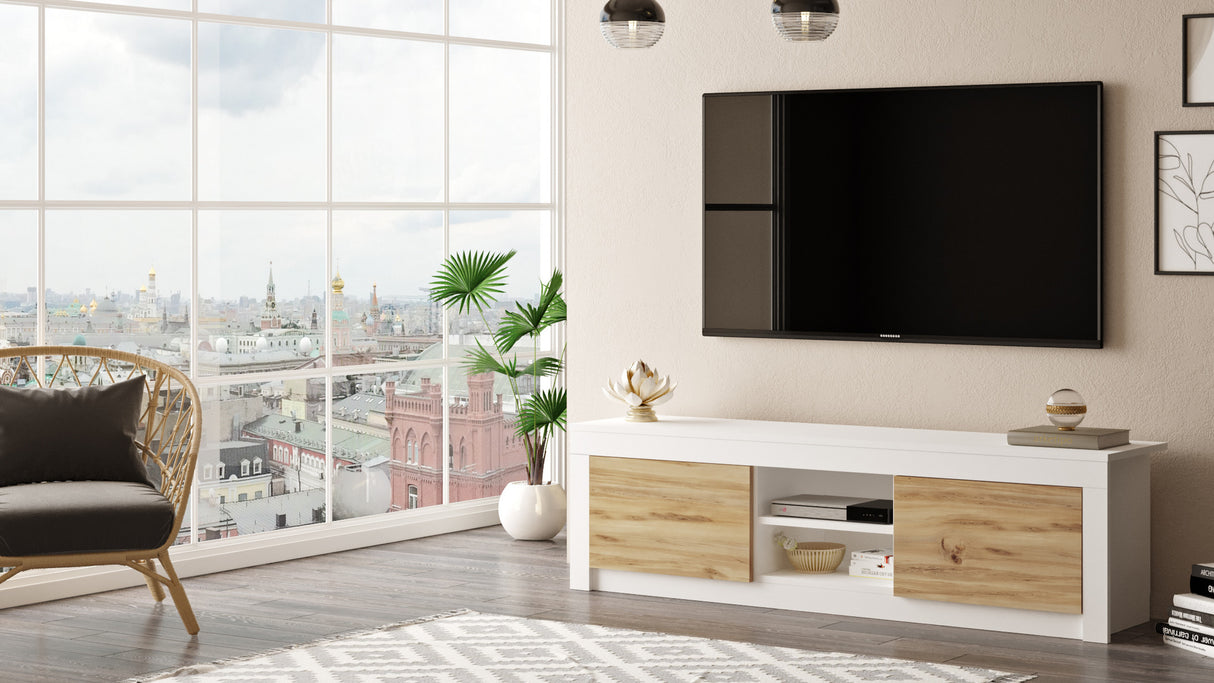 Comodă TV LV12-WK, Stejar - Alb, 160x35x45 cm