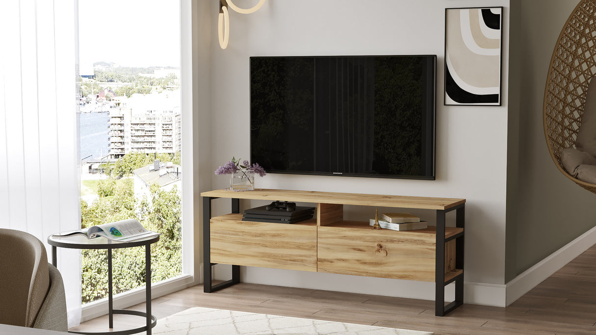 Comodă TV LV11-KE, Stejar - Negru, 140x36x56 cm