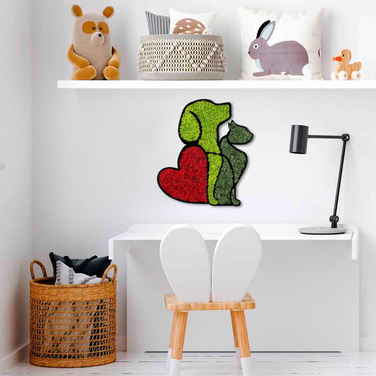 Decorațiune de perete din lemn Moss - Dog & Cat Lover, Roșu - Verde, 48x43x1 cm