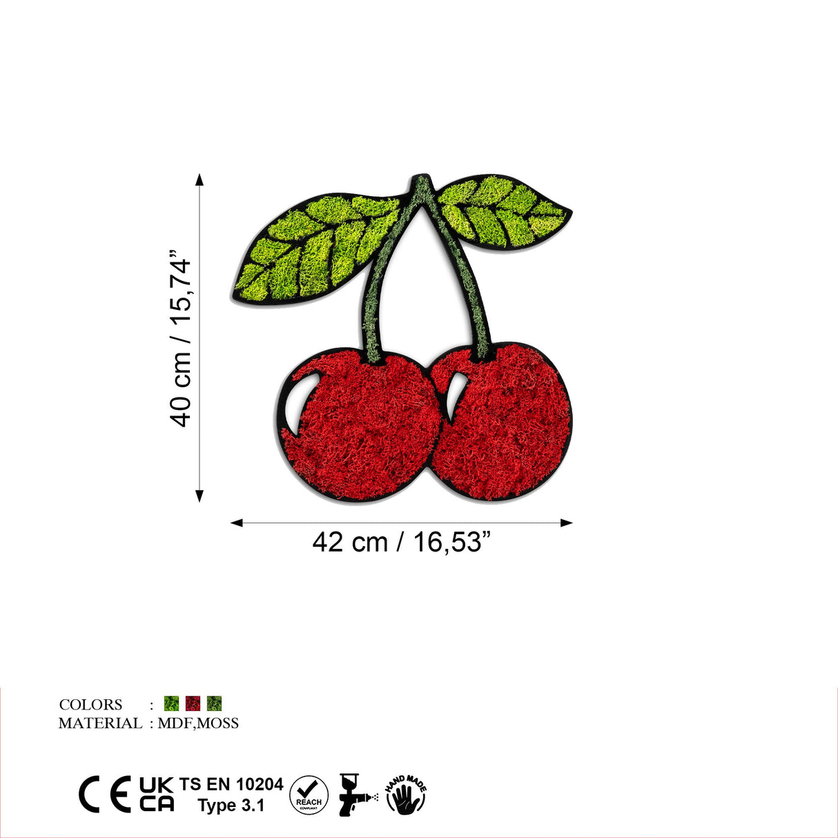 Decorațiune de perete din lemn Moss - Cherry, Roșu - Verde, 40x42x1 cm