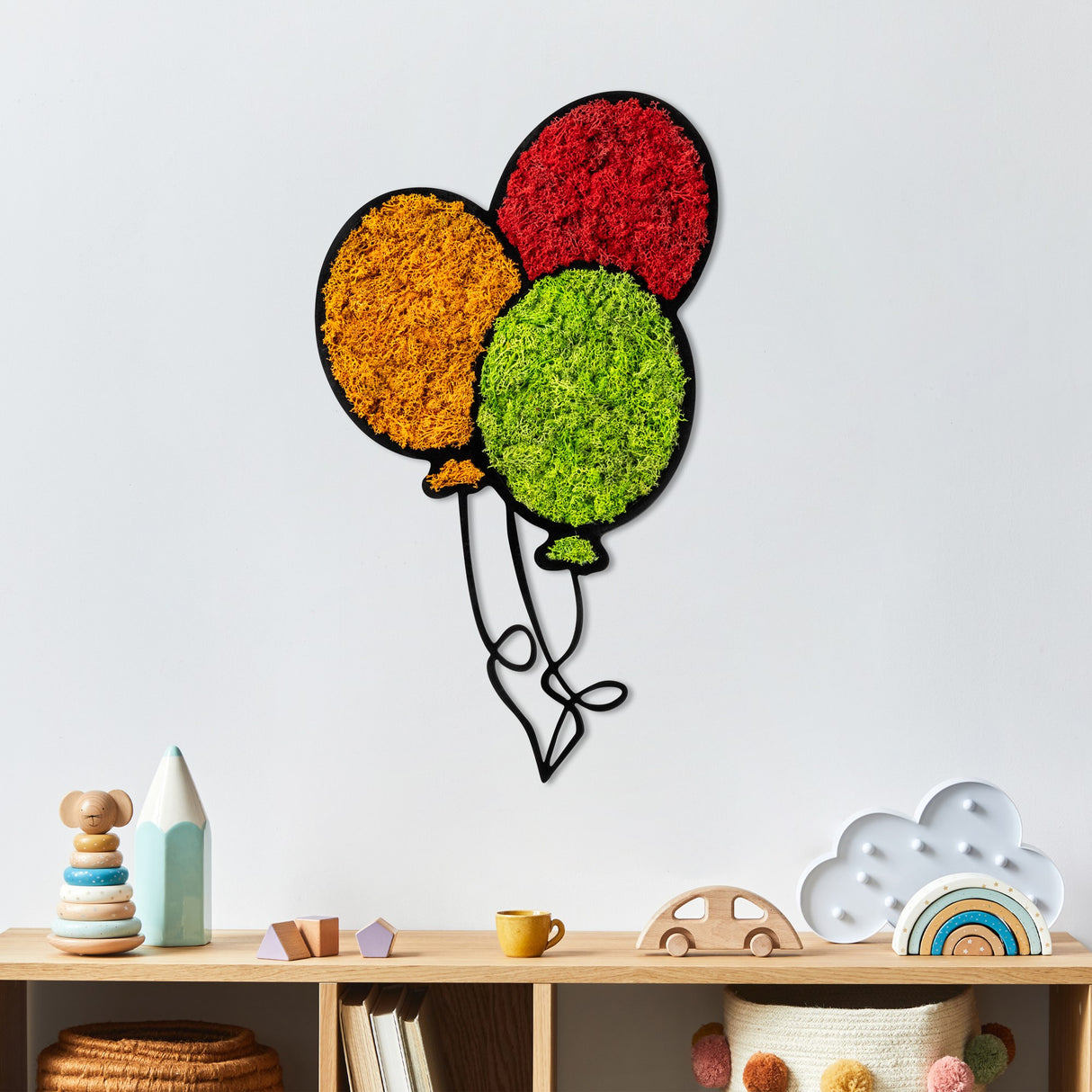 Decorațiune de perete din lemn Moss - Balloons, Roșu - Verde - Portocaliu, 62x36x1 cm