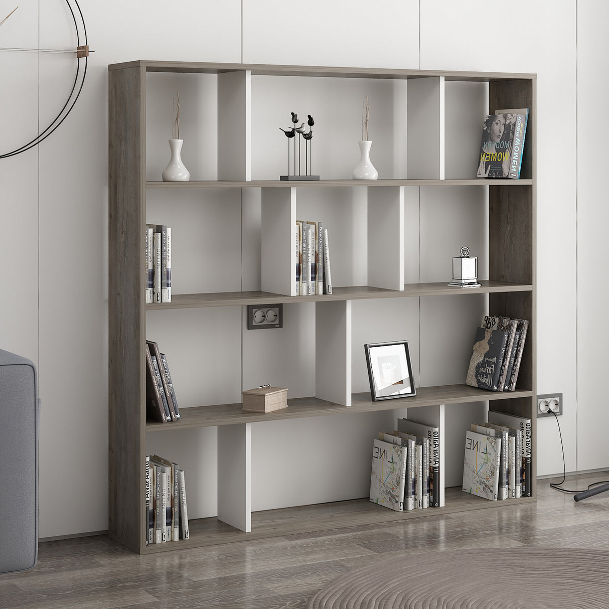 Bibliotecă Hodbi, Alb - Wenge, 145x25x145 cm