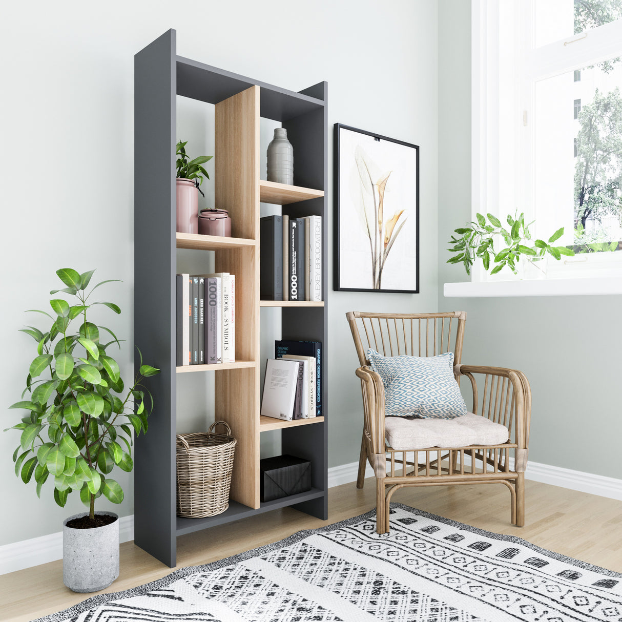 Bibliotecă Eden, Stejar - Antracit, 63x25x160 cm