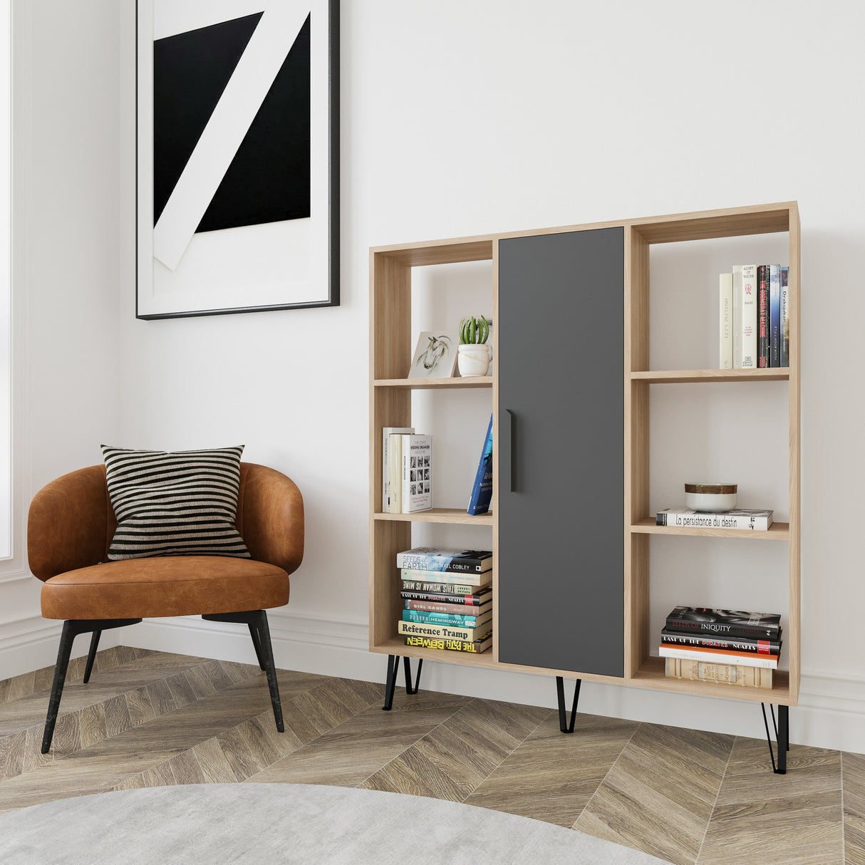 Bibliotecă Peoria, Stejar - Antracit, 120x25x142 cm
