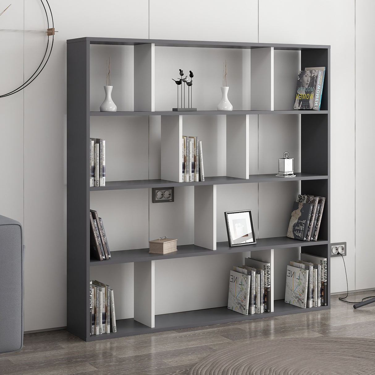 Bibliotecă Hodbi, Alb - Antracit, 145x25x145 cm