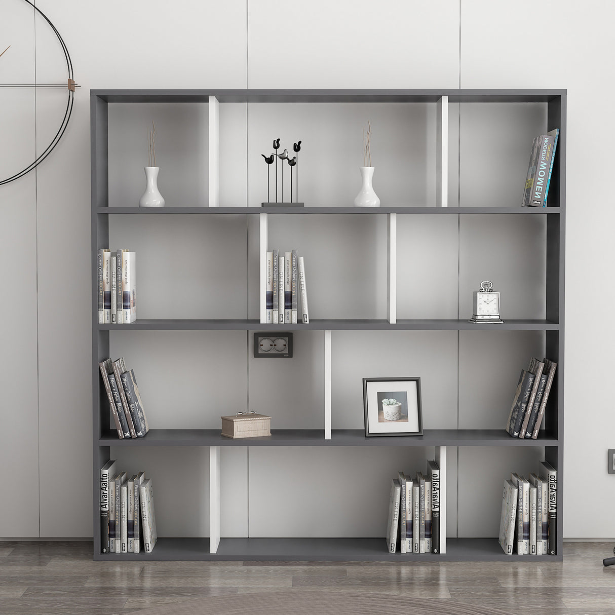 Bibliotecă Hodbi, Alb - Antracit, 145x25x145 cm
