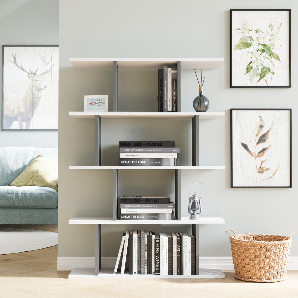 Bibliotecă Harmon, Diverse culori, 90x25x127 cm - Alb - Antracit | SKU: 935CMN1131 | Bibliotecă Harmon, 90x25x127 cm, varianta Alb - Antracit, produs pentru amenajarea locuinței, disponibil online în România la CasaMob