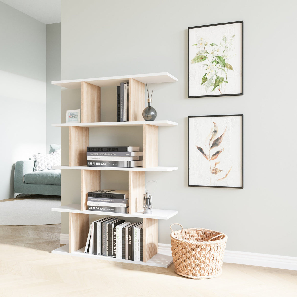 Bibliotecă Harmon, Diverse culori, 90x25x127 cm - Alb - Stejar | SKU: 935CMN1132 | Bibliotecă Harmon, 90x25x127 cm, varianta Alb - Stejar, produs pentru amenajarea locuinței, disponibil online în România la CasaMob