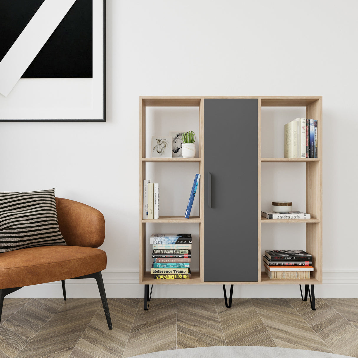 Bibliotecă Peoria, Stejar - Antracit, 120x25x142 cm