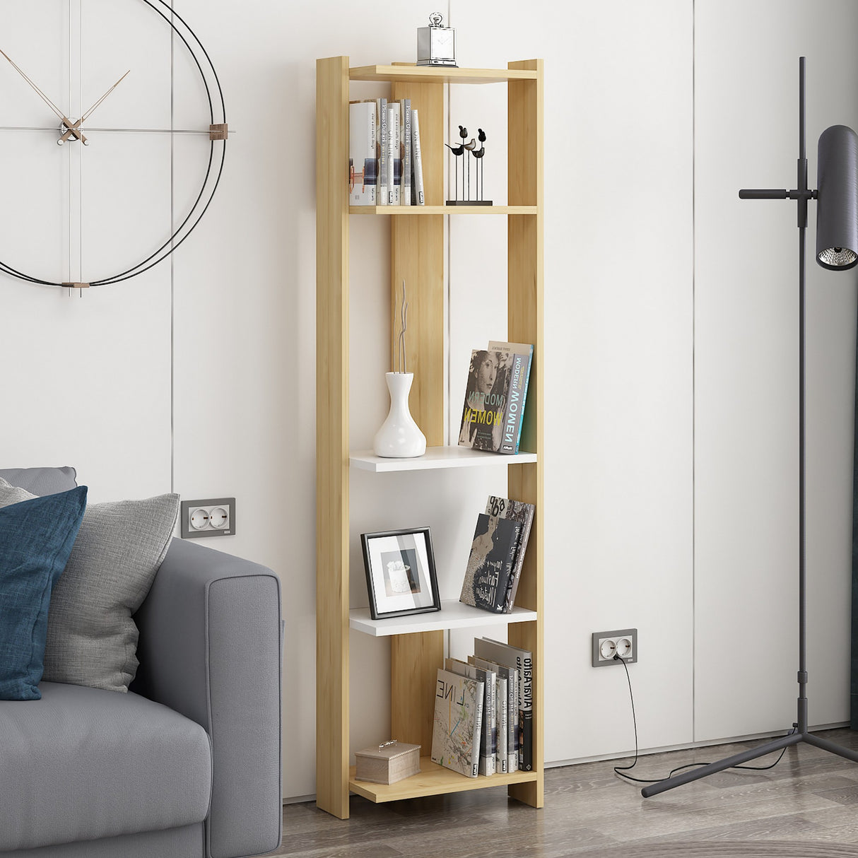 Bibliotecă Abis Narrow, Diverse culori, 44x27x165 cm - Stejar - Alb | SKU: 935CMN1150 | Bibliotecă Abis Narrow, 44x27x165 cm, varianta Stejar - Alb, produs pentru amenajarea locuinței, disponibil online în România la CasaMob