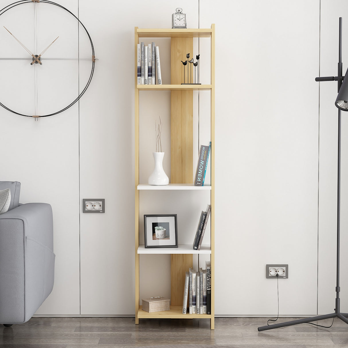 Bibliotecă Abis Narrow, Diverse culori, 44x27x165 cm - Stejar - Alb | SKU: 935CMN1150 | Bibliotecă Abis Narrow, 44x27x165 cm, varianta Stejar - Alb, produs pentru amenajarea locuinței, disponibil online în România la CasaMob