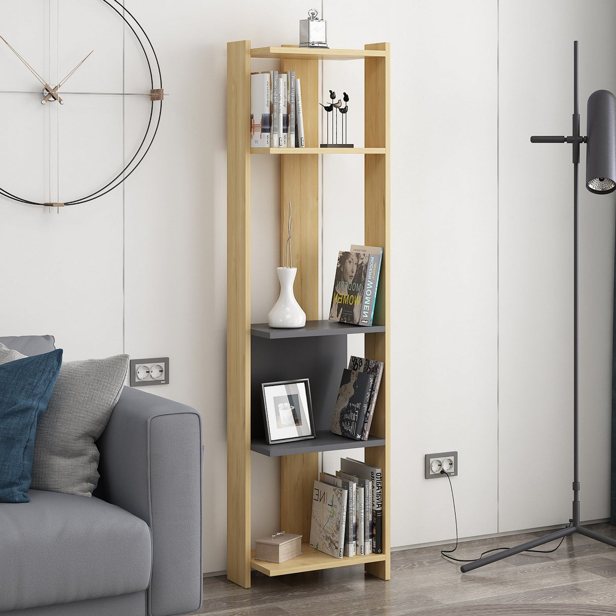 Bibliotecă Abis Narrow, Diverse culori, 44x27x165 cm - Stejar - Antracit | SKU: 935CMN1152 | Bibliotecă Abis Narrow, 44x27x165 cm, varianta Stejar - Antracit, produs pentru amenajarea locuinței, disponibil online în România la CasaMob