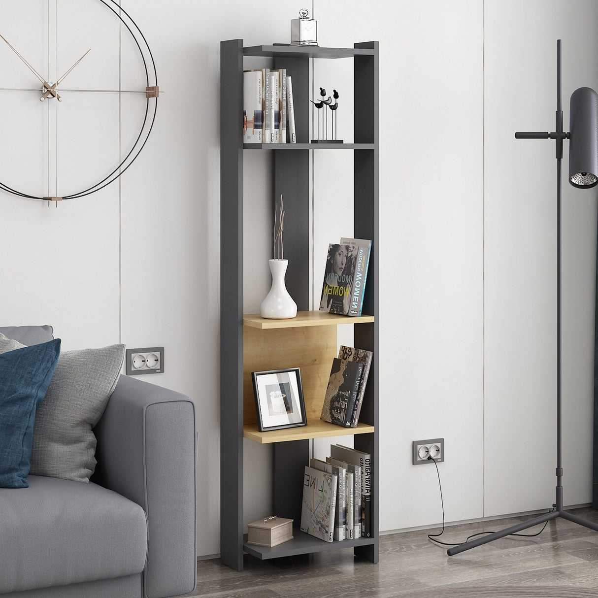 Bibliotecă Abis Narrow, Diverse culori, 44x27x165 cm - Antracit - Stejar | SKU: 935CMN1153 | Bibliotecă Abis Narrow, 44x27x165 cm, varianta Antracit - Stejar, produs pentru amenajarea locuinței, disponibil online în România la CasaMob