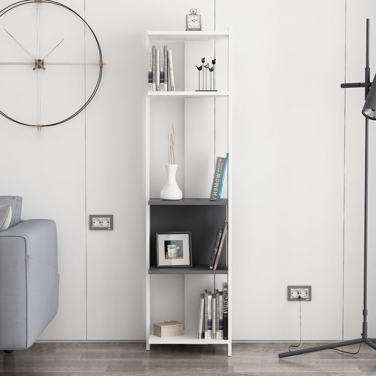 Bibliotecă Abis Narrow, Diverse culori, 44x27x165 cm - Alb - Antracit | SKU: 935CMN1154 | Bibliotecă Abis Narrow, 44x27x165 cm, varianta Alb - Antracit, produs pentru amenajarea locuinței, disponibil online în România la CasaMob