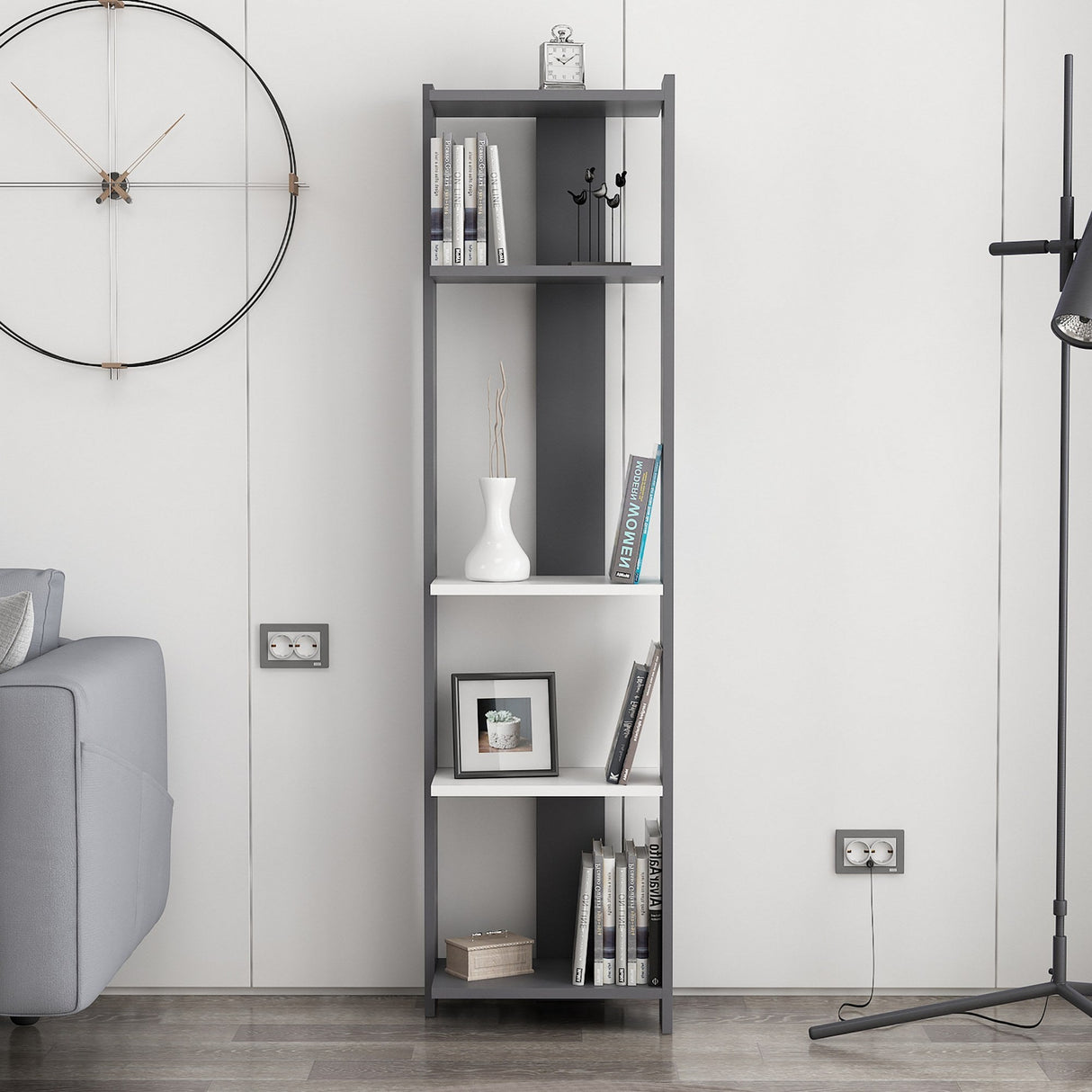Bibliotecă Abis Narrow, Diverse culori, 44x27x165 cm - Antracit - Alb | SKU: 935CMN1155 | Bibliotecă Abis Narrow, 44x27x165 cm, varianta Antracit - Alb, produs pentru amenajarea locuinței, disponibil online în România la CasaMob