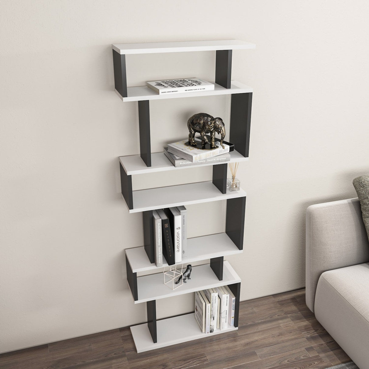 Bibliotecă Bates, Diverse culori, 60x20x160 cm - Alb - Antracit | SKU: 935CMN1175 | Bibliotecă Bates, 60x20x160 cm, varianta Alb - Antracit, produs pentru amenajarea locuinței, disponibil online în România la CasaMob