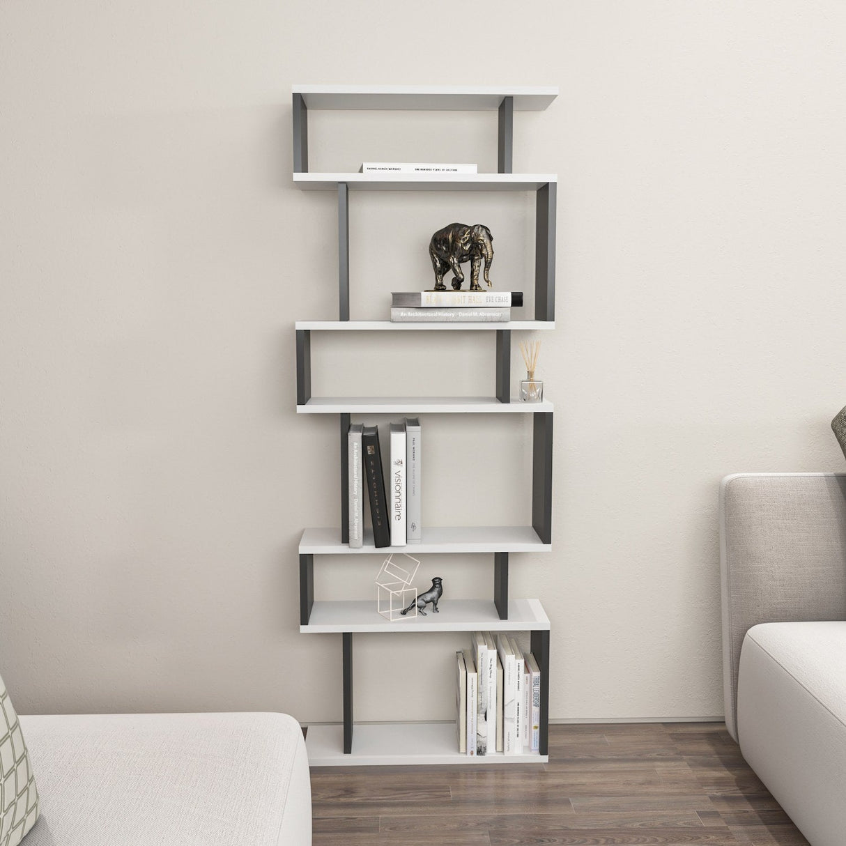 Bibliotecă Bates, Diverse culori, 60x20x160 cm - Alb - Antracit | SKU: 935CMN1175 | Bibliotecă Bates, 60x20x160 cm, varianta Alb - Antracit, produs pentru amenajarea locuinței, disponibil online în România la CasaMob