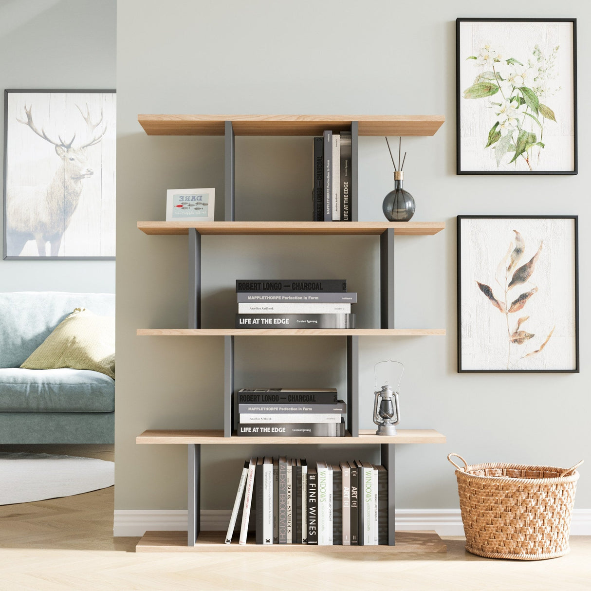 Bibliotecă Harmon, Diverse culori, 90x25x127 cm - Stejar - Antracit | SKU: 935CMN1194 | Bibliotecă Harmon, 90x25x127 cm, varianta Stejar - Antracit, produs pentru amenajarea locuinței, disponibil online în România la CasaMob