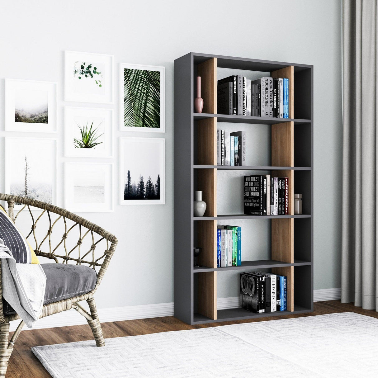 Bibliotecă Sanborn, Diverse culori, 90x25x164 cm - Antracit - Stejar | SKU: 935CMN1231 | Bibliotecă Sanborn, 90x25x164 cm, varianta Antracit - Stejar, produs pentru amenajarea locuinței, disponibil online în România la CasaMob