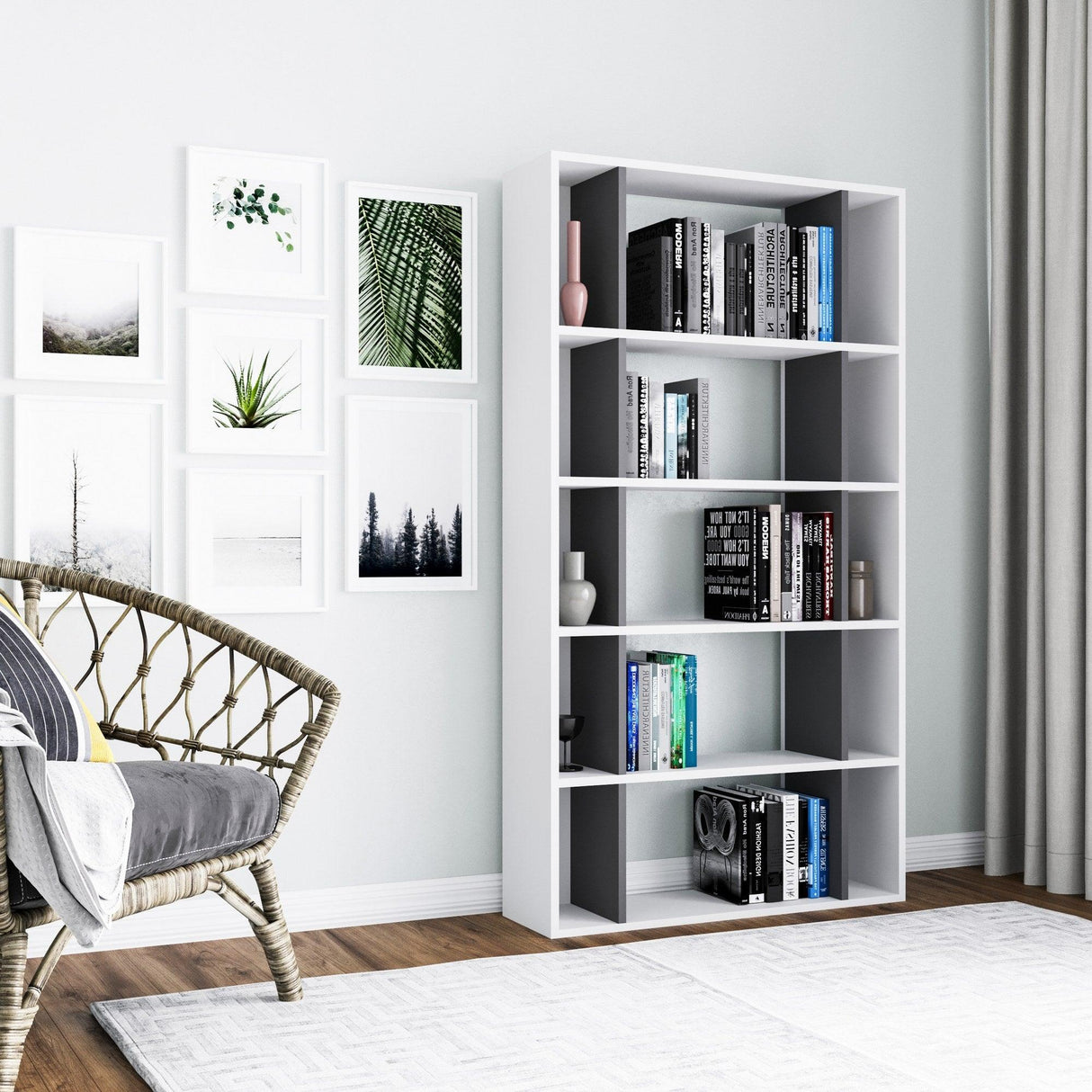 Bibliotecă Sanborn, Diverse culori, 90x25x164 cm - Alb - Antracit | SKU: 935CMN1228 | Bibliotecă Sanborn, 90x25x164 cm, varianta Alb - Antracit, produs pentru amenajarea locuinței, disponibil online în România la CasaMob