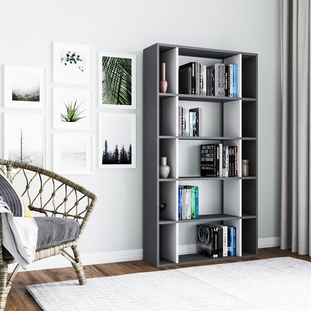 Bibliotecă Sanborn, Diverse culori, 90x25x164 cm - Antracit - Alb | SKU: 935CMN1230 | Bibliotecă Sanborn, 90x25x164 cm, varianta Antracit - Alb, produs pentru amenajarea locuinței, disponibil online în România la CasaMob