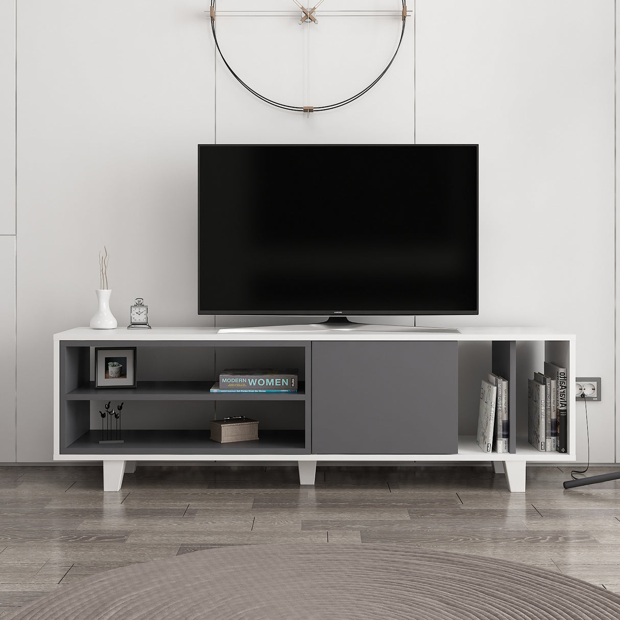 Comodă TV Rosmar, Alb - Antracit, 160x35x49 cm