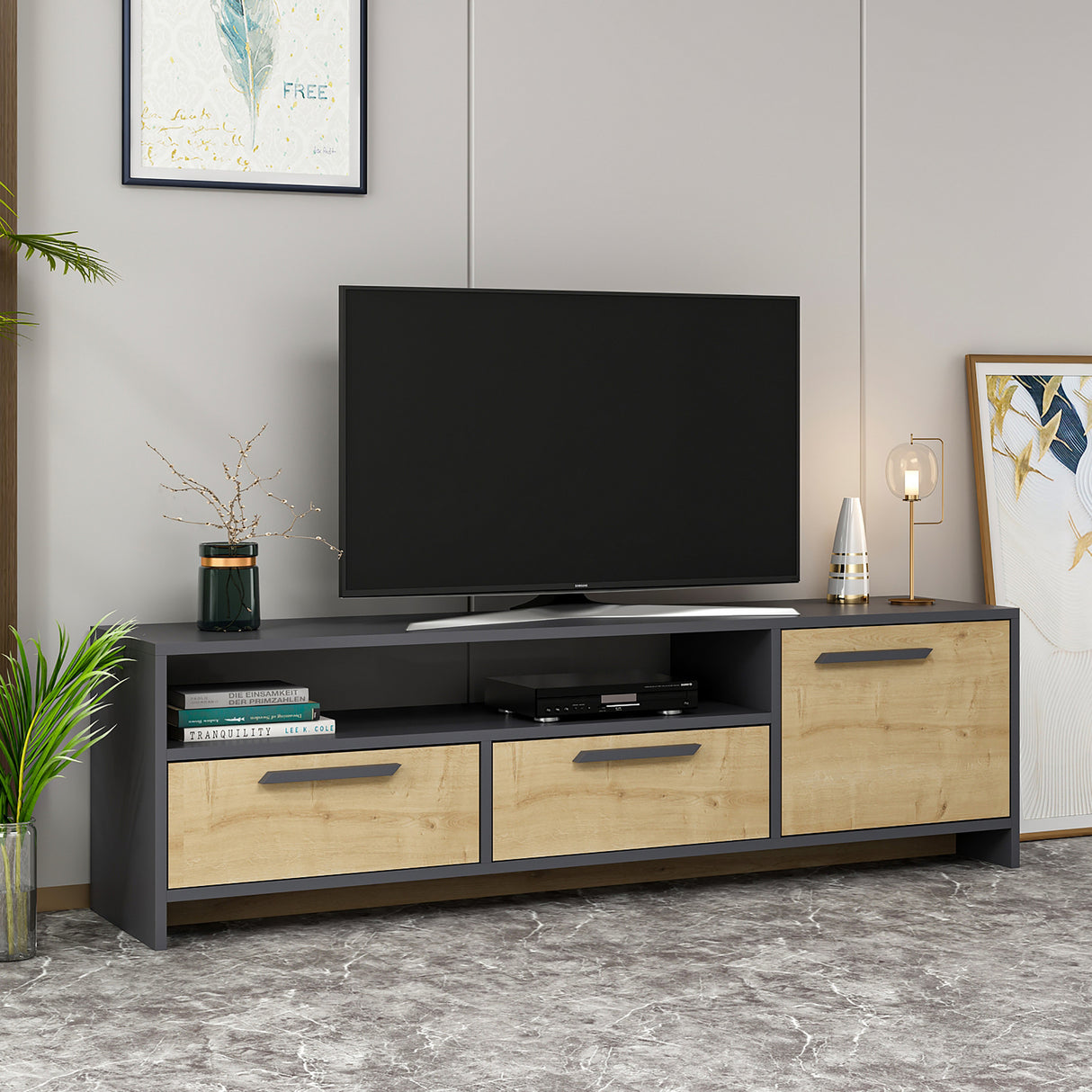 Comodă TV Tyson, Stejar - Antracit, 160x36x46 cm