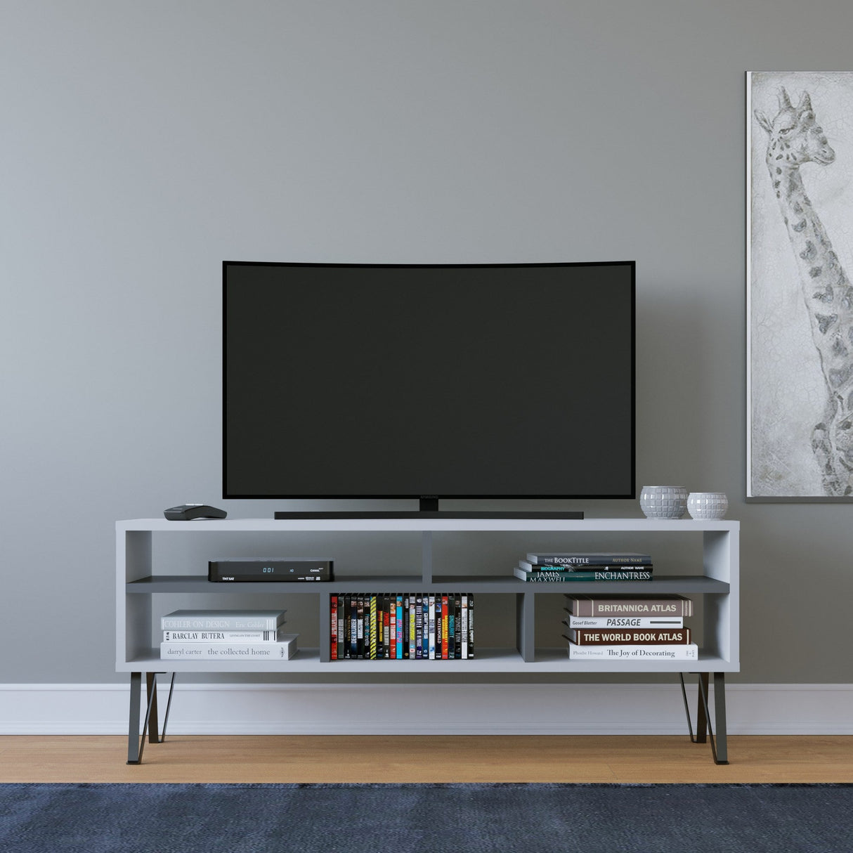 Comodă TV Ebuda, Diverse culori, 120x25x47 cm - Alb - Antracit | SKU: 935CMN1428 | Comodă TV Ebuda, 120x25x47 cm, varianta Alb - Antracit, produs pentru amenajarea locuinței, disponibil online în România la CasaMob