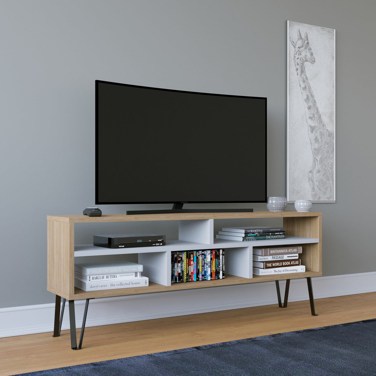 Comodă TV Ebuda, Diverse culori, 120x25x47 cm - Stejar - Alb | SKU: 935CMN1429 | Comodă TV Ebuda, 120x25x47 cm, varianta Stejar - Alb, produs pentru amenajarea locuinței, disponibil online în România la CasaMob