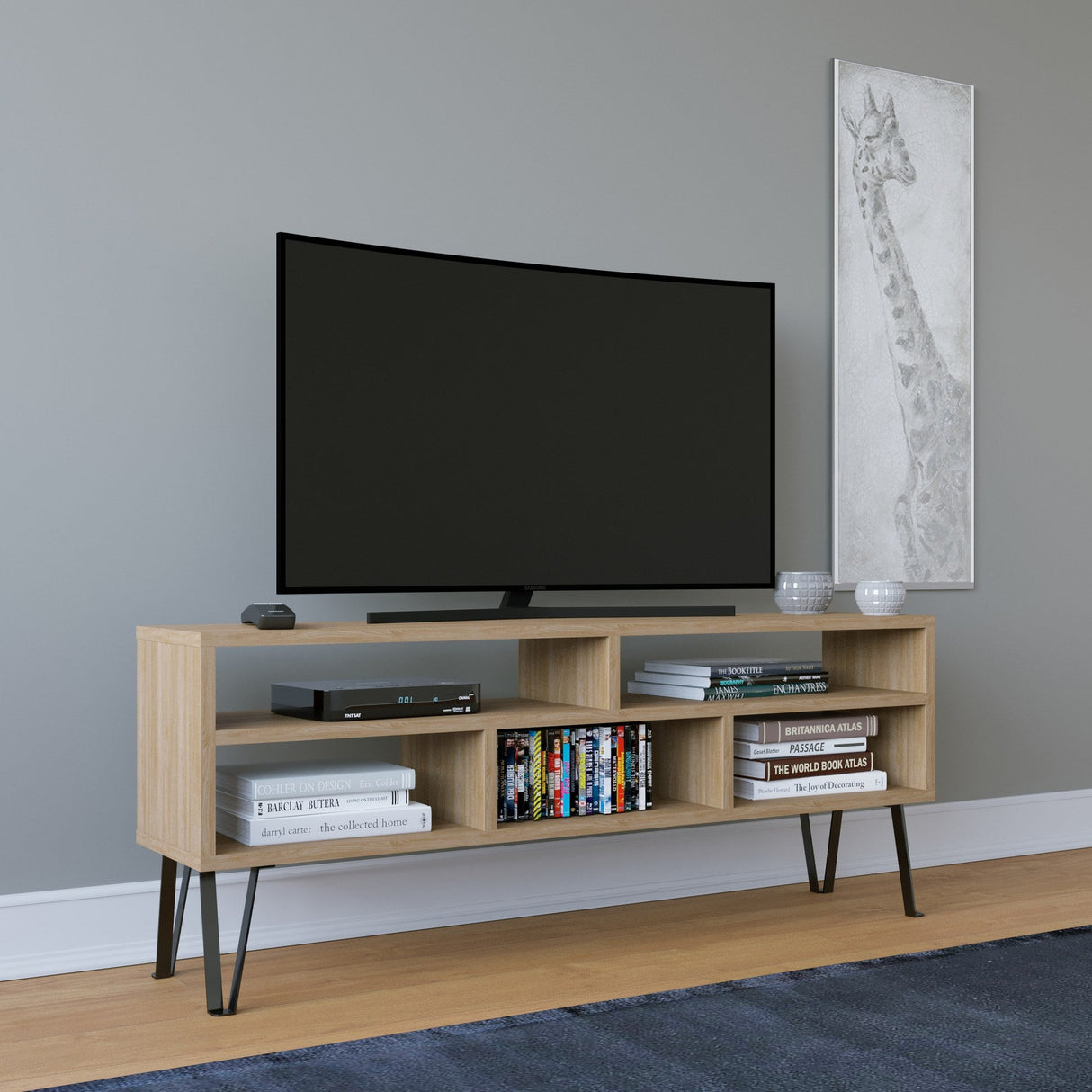 Comodă TV Ebuda, Diverse culori, 120x25x47 cm - Stejar - Stejar | SKU: 935CMN1430 | Comodă TV Ebuda, 120x25x47 cm, varianta Stejar - Stejar, produs pentru amenajarea locuinței, disponibil online în România la CasaMob