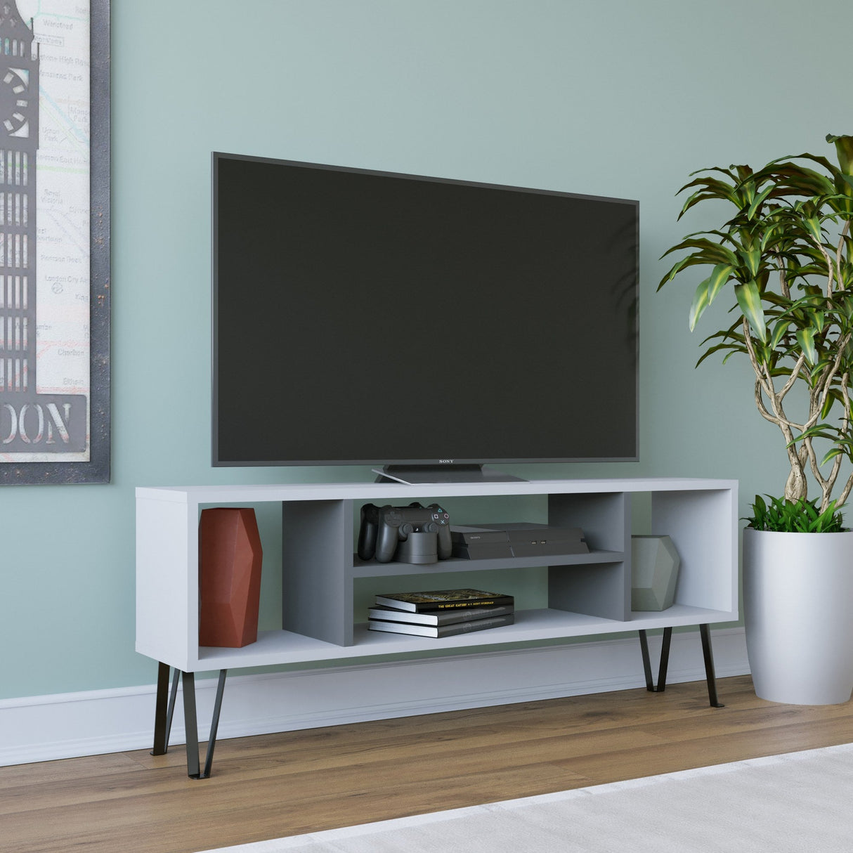 Comodă TV Garvin, Diverse culori, 120x25x47 cm - Alb - Antracit | SKU: 935CMN1437 | Comodă TV Garvin, 120x25x47 cm, varianta Alb - Antracit, produs pentru amenajarea locuinței, disponibil online în România la CasaMob