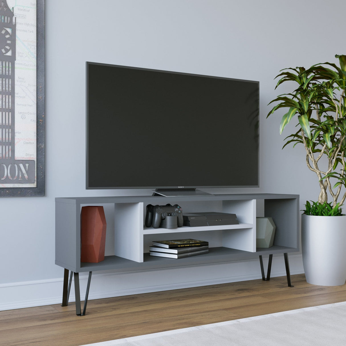 Comodă TV Garvin, Diverse culori, 120x25x47 cm - Antracit - Alb | SKU: 935CMN1441 | Comodă TV Garvin, 120x25x47 cm, varianta Antracit - Alb, produs pentru amenajarea locuinței, disponibil online în România la CasaMob