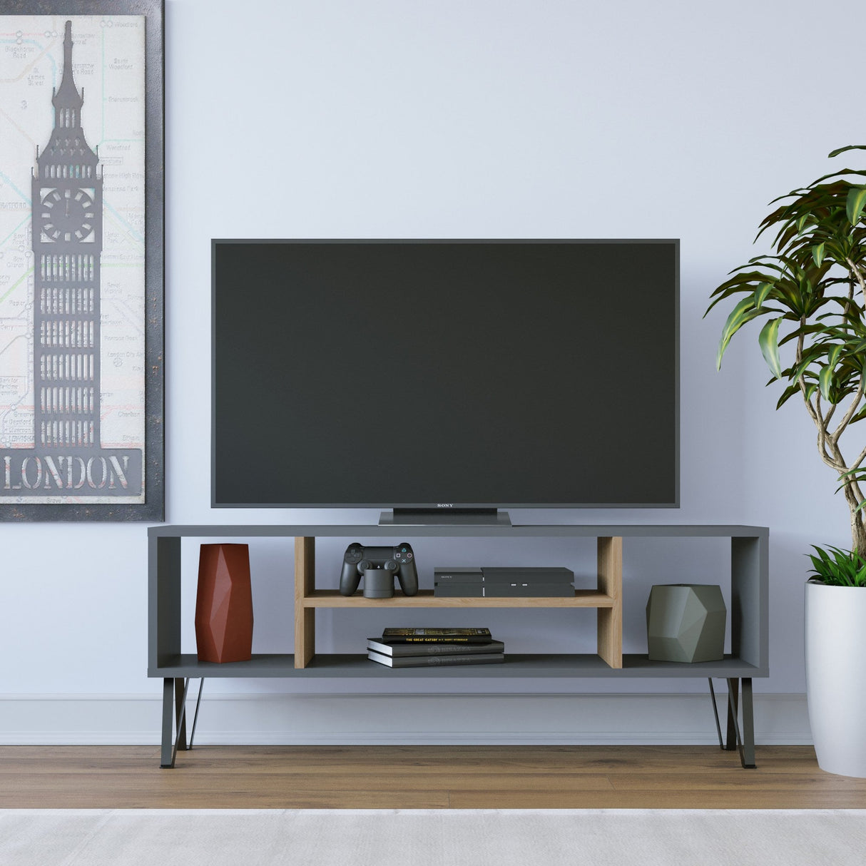 Comodă TV Garvin, Diverse culori, 120x25x47 cm - Antracit - Stejar | SKU: 935CMN1442 | Comodă TV Garvin, 120x25x47 cm, varianta Antracit - Stejar, produs pentru amenajarea locuinței, disponibil online în România la CasaMob
