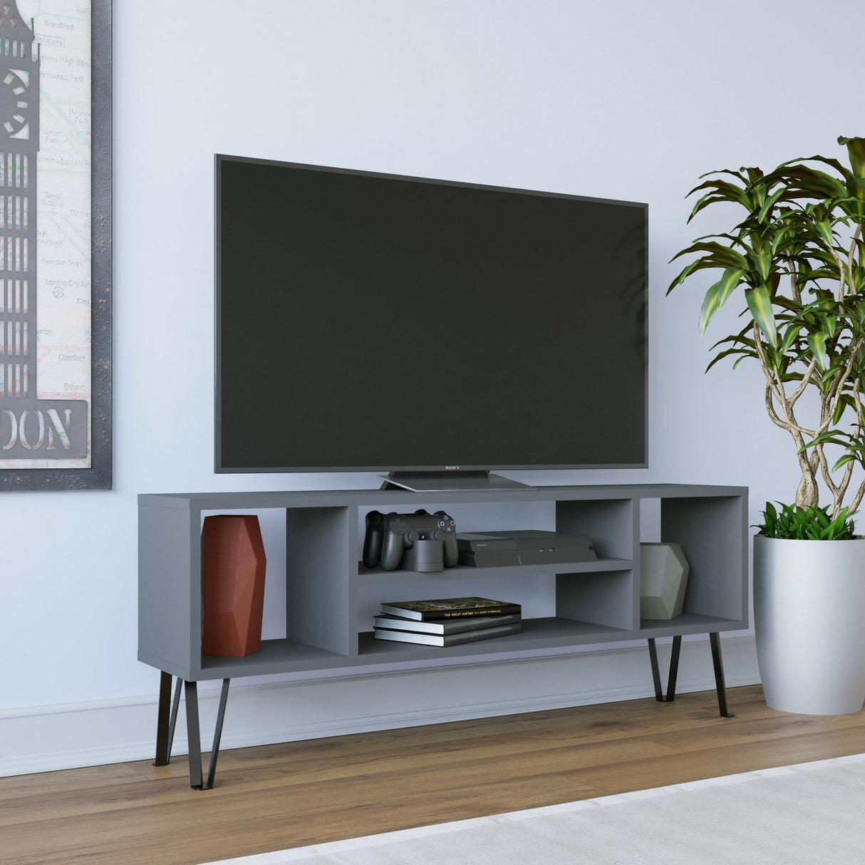 Comodă TV Garvin, Diverse culori, 120x25x47 cm - Antracit | SKU: 935CMN1443 | Comodă TV Garvin, 120x25x47 cm, varianta Antracit, produs pentru amenajarea locuinței, disponibil online în România la CasaMob