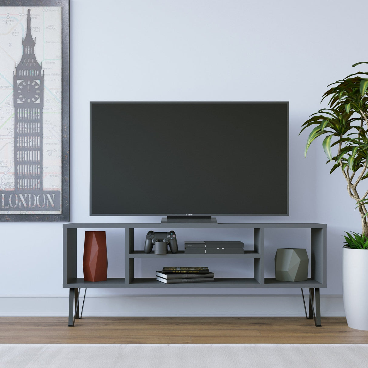 Comodă TV Garvin, Diverse culori, 120x25x47 cm - Antracit | SKU: 935CMN1443 | Comodă TV Garvin, 120x25x47 cm, varianta Antracit, produs pentru amenajarea locuinței, disponibil online în România la CasaMob