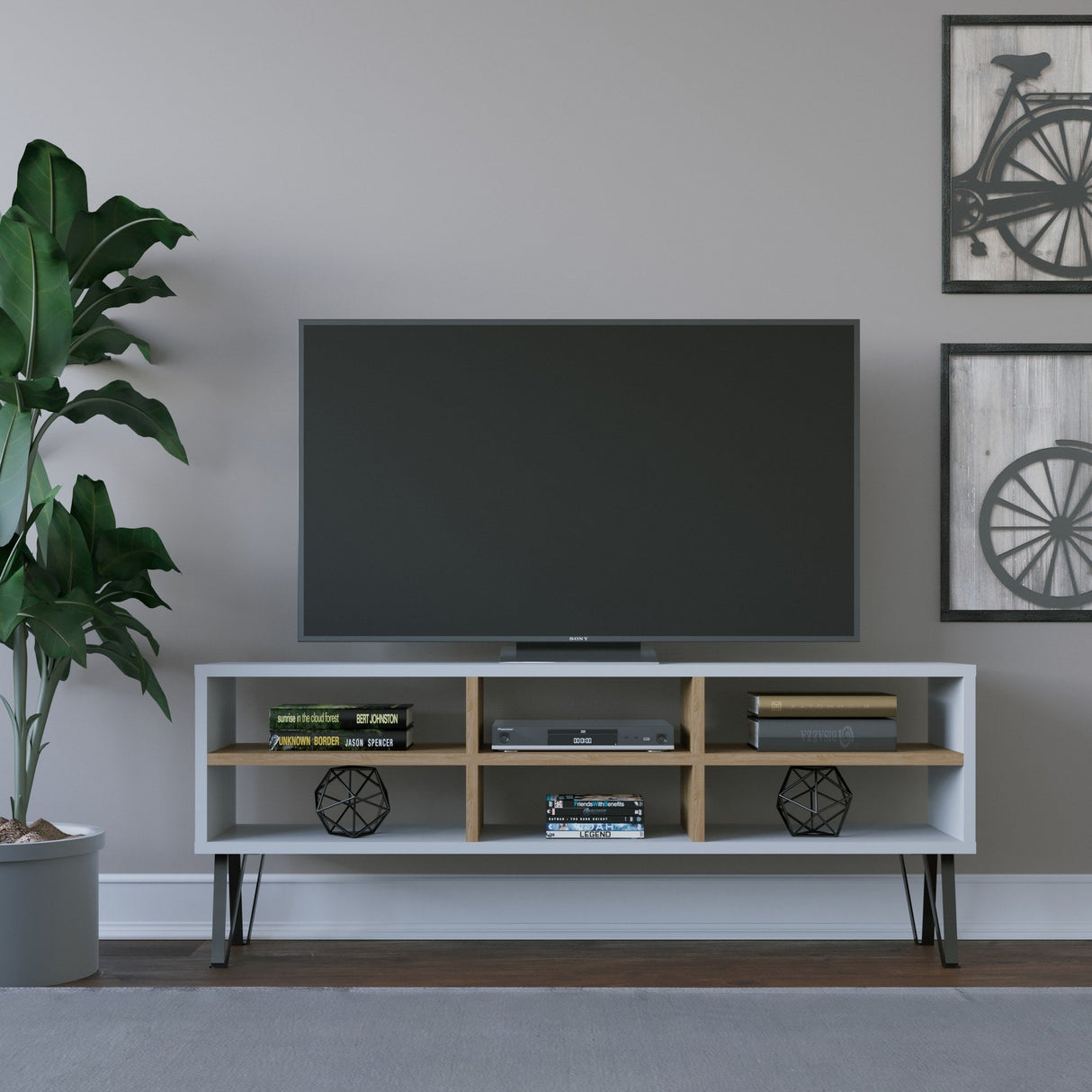 Comodă TV Judd, Diverse culori, 120x25x47 cm - Alb - Stejar | SKU: 935CMN1445 | Comodă TV Judd, 120x25x47 cm, varianta Alb - Stejar, produs pentru amenajarea locuinței, disponibil online în România la CasaMob