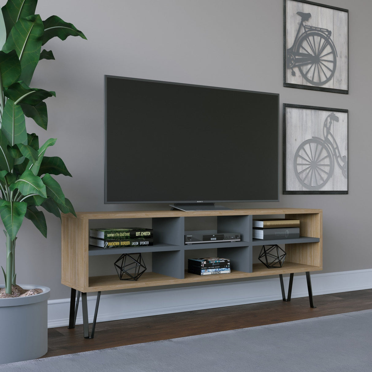 Comodă TV Judd, Diverse culori, 120x25x47 cm - Stejar - Antracit | SKU: 935CMN1449 | Comodă TV Judd, 120x25x47 cm, varianta Stejar - Antracit, produs pentru amenajarea locuinței, disponibil online în România la CasaMob