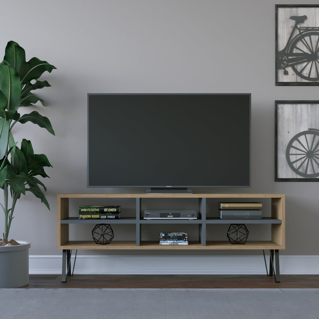 Comodă TV Judd, Diverse culori, 120x25x47 cm - Stejar - Antracit | SKU: 935CMN1449 | Comodă TV Judd, 120x25x47 cm, varianta Stejar - Antracit, produs pentru amenajarea locuinței, disponibil online în România la CasaMob