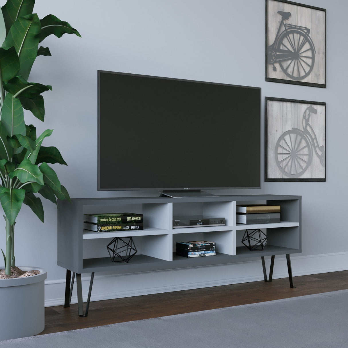 Comodă TV Judd, Diverse culori, 120x25x47 cm - Antracit - Alb | SKU: 935CMN1450 | Comodă TV Judd, 120x25x47 cm, varianta Antracit - Alb, produs pentru amenajarea locuinței, disponibil online în România la CasaMob