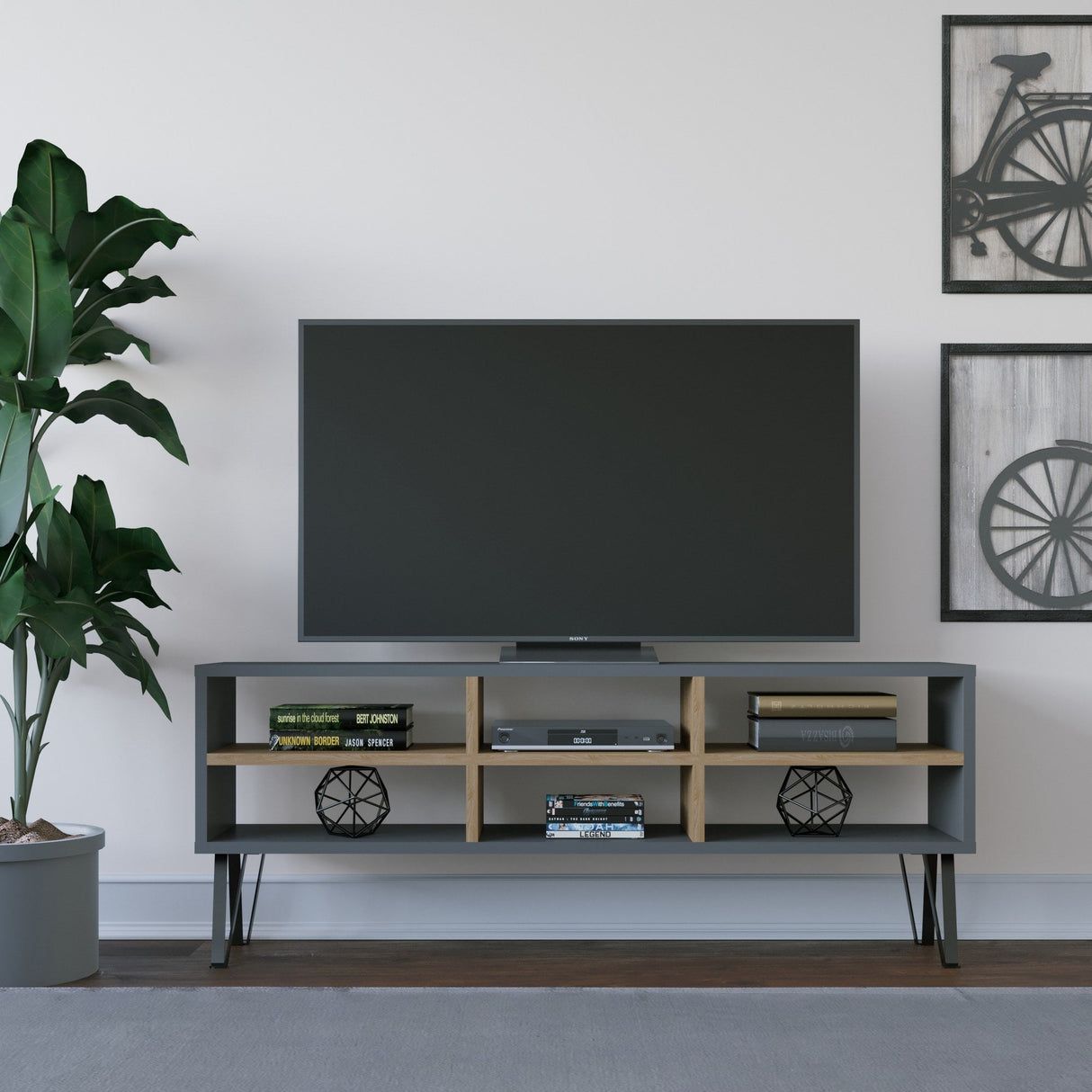 Comodă TV Judd, Diverse culori, 120x25x47 cm - Antracit - Stejar | SKU: 935CMN1451 | Comodă TV Judd, 120x25x47 cm, varianta Antracit - Stejar, produs pentru amenajarea locuinței, disponibil online în România la CasaMob