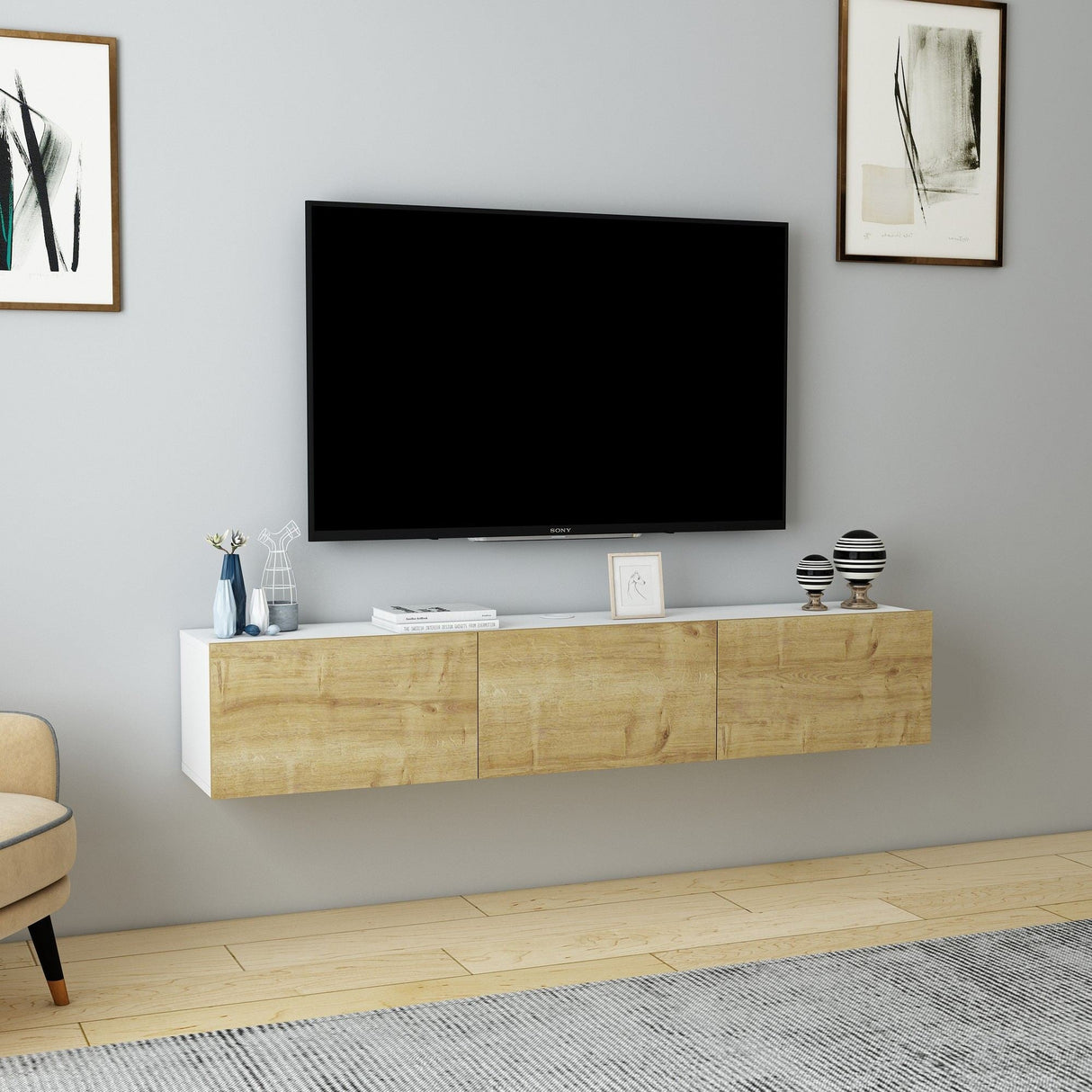 Comodă TV Denby, Diverse culori, 160x31x30 cm - Alb - Stejar | SKU: 935CMN1459 | Comodă TV Denby, 160x31x30 cm, varianta Alb - Stejar, produs pentru amenajarea locuinței, disponibil online în România la CasaMob