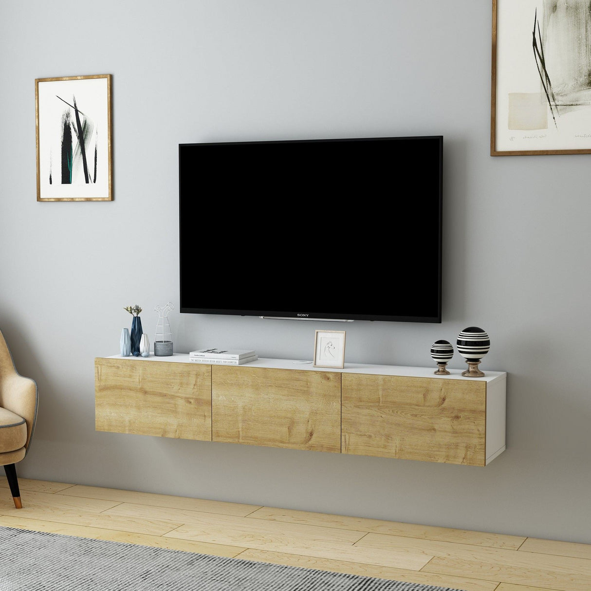 Comodă TV Denby, Diverse culori, 160x31x30 cm - Alb - Stejar | SKU: 935CMN1459 | Comodă TV Denby, 160x31x30 cm, varianta Alb - Stejar, produs pentru amenajarea locuinței, disponibil online în România la CasaMob