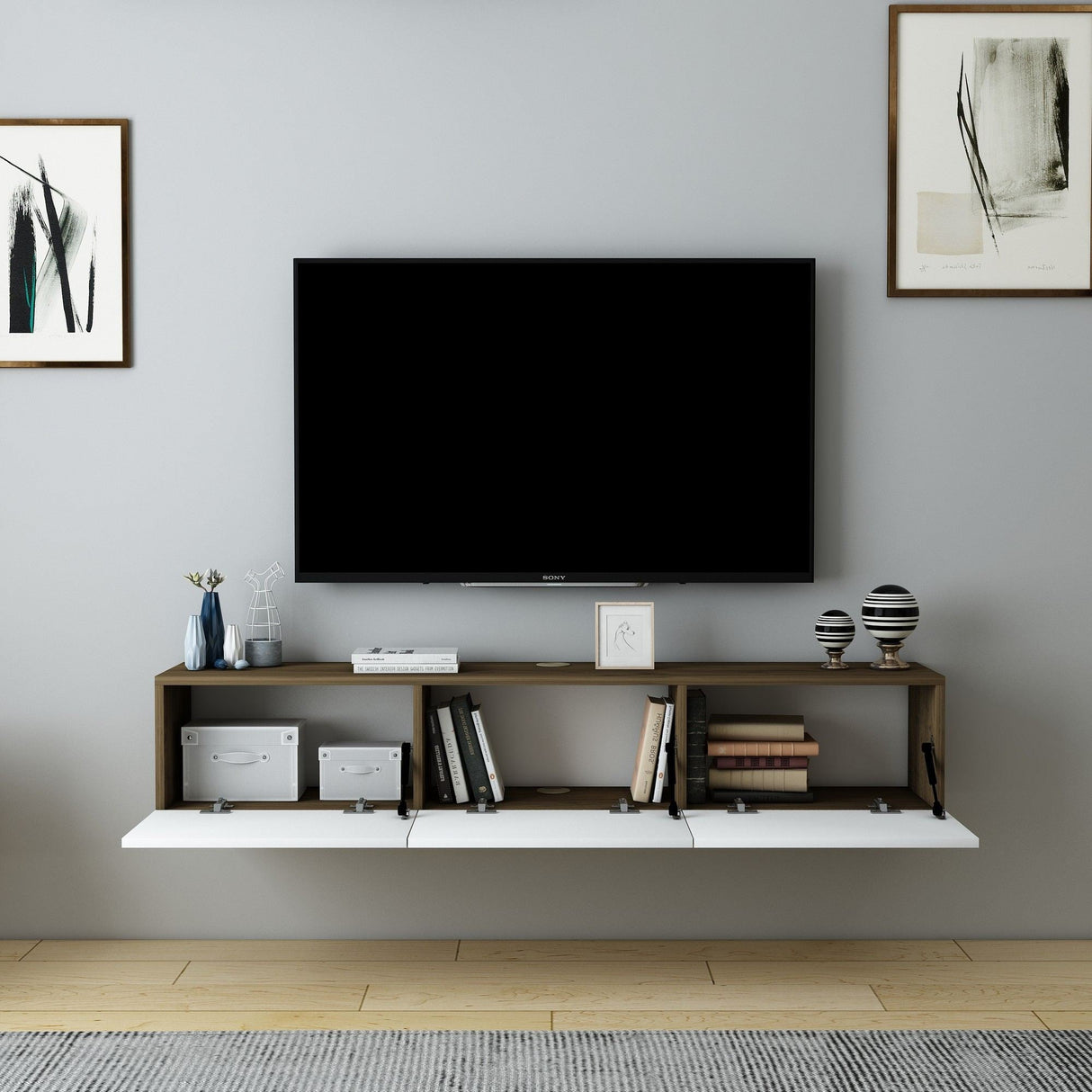 Comodă TV Denby, Diverse culori, 160x31x30 cm - Nuc - Alb | SKU: 935CMN1461 | Comodă TV Denby, 160x31x30 cm, varianta Nuc - Alb, produs pentru amenajarea locuinței, disponibil online în România la CasaMob