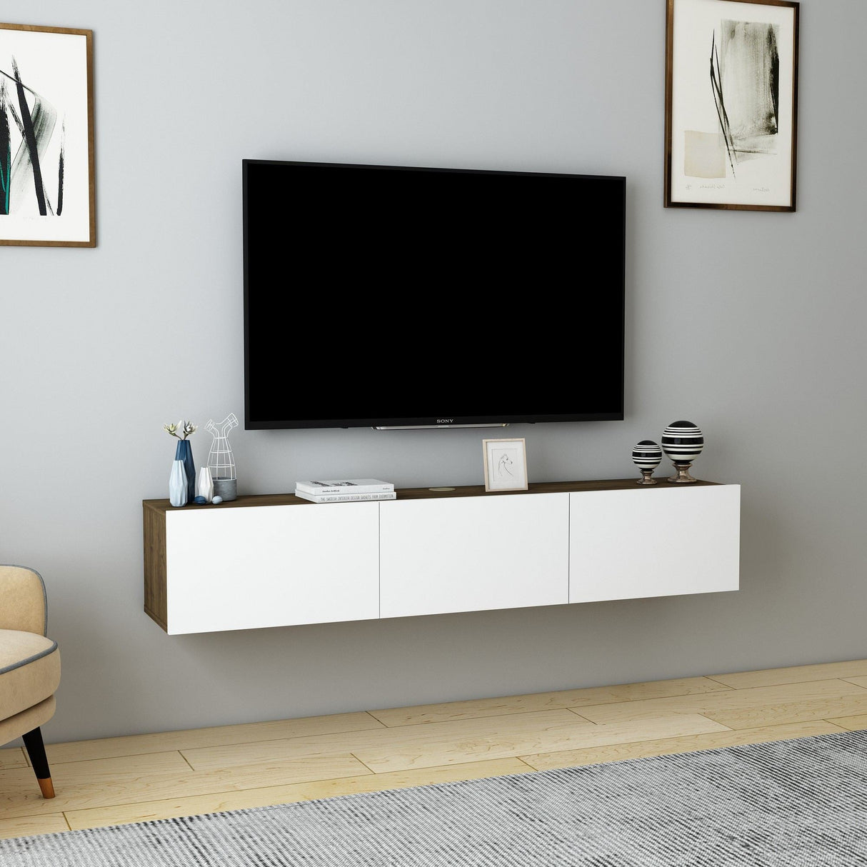 Comodă TV Denby, Diverse culori, 160x31x30 cm - Nuc - Alb | SKU: 935CMN1461 | Comodă TV Denby, 160x31x30 cm, varianta Nuc - Alb, produs pentru amenajarea locuinței, disponibil online în România la CasaMob