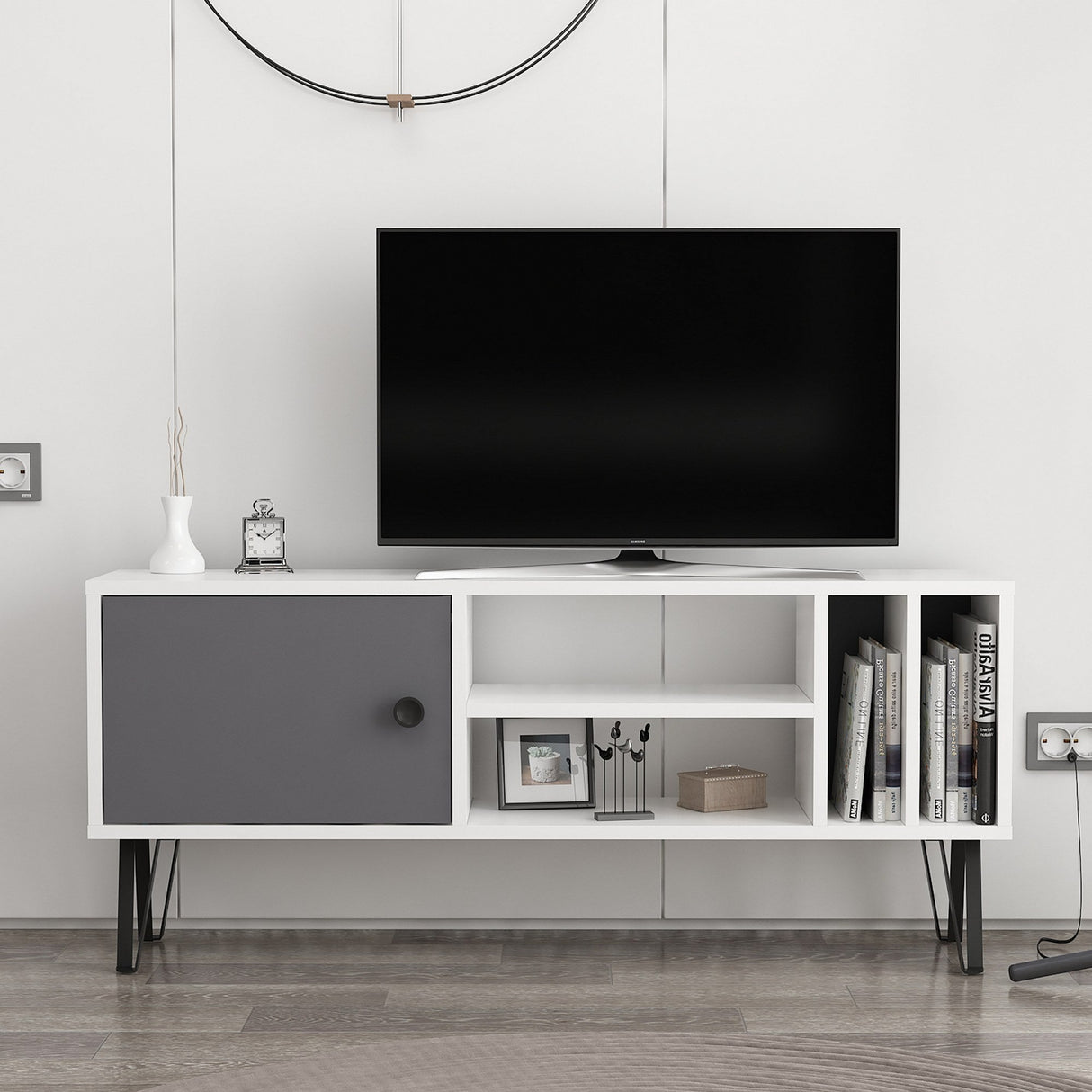 Comodă TV Arven, Diverse culori, Diverse dimensiuni - Alb - Antracit - 120x25x52 cm | SKU: 935CMN2302 | Comodă TV Arven, varianta Alb - Antracit - 120x25x52 cm, produs pentru amenajarea locuinței, disponibil online în România la CasaMob