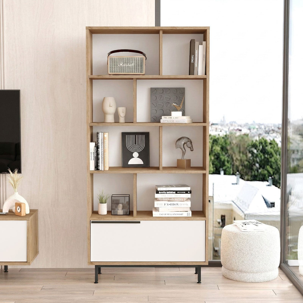 Bibliotecă ON4-SW, Stejar - Alb, 84x30x176 cm