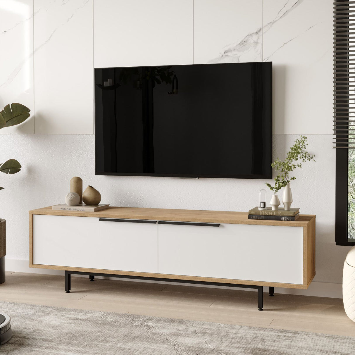 Comodă TV ON1-SW, Stejar - Alb, 160x36x45 cm