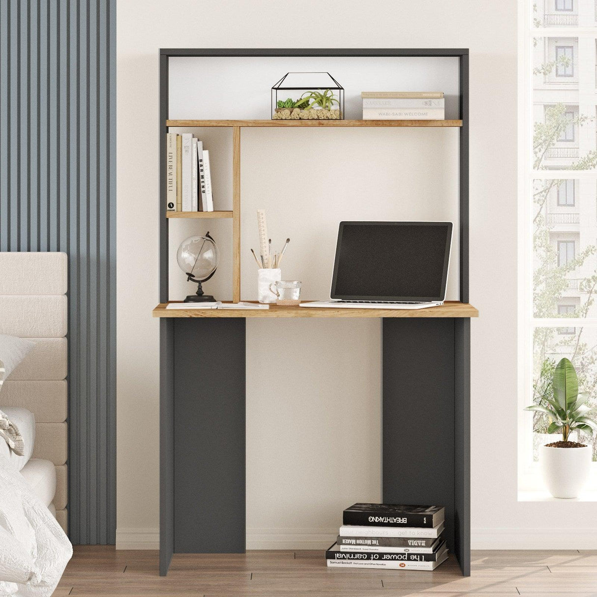 Birou cu Biblioteca Sanaber, 90 x 149 x 52 cm - Gri, SKU 956LCS1135