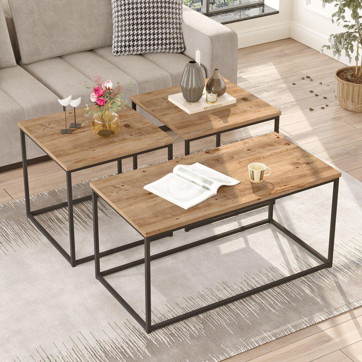 Set Masuta de cafea Kimmich , Stejar, 3 piese, 90 x 45 x 45 - 50 x 48 x 50 cm